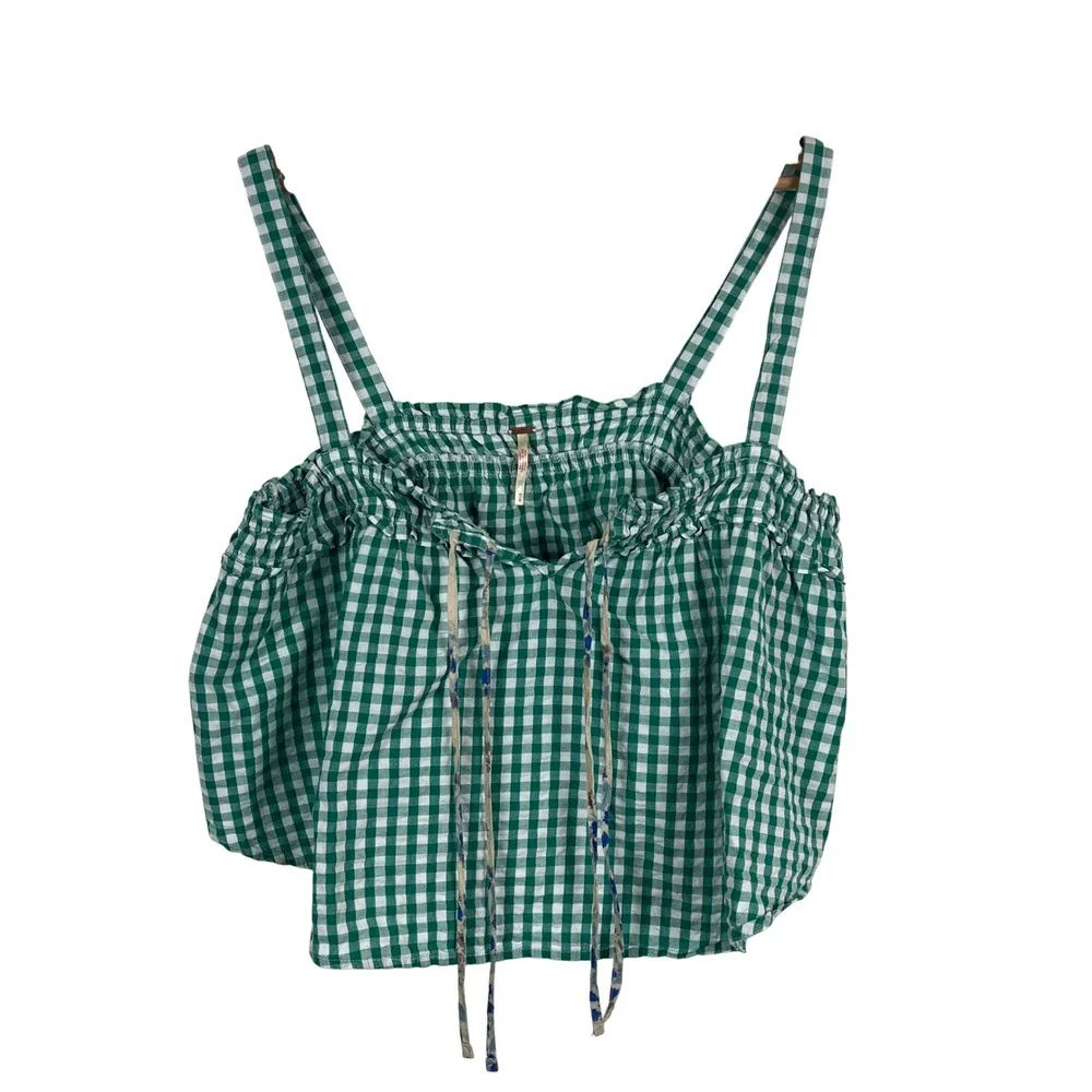 Free People Green Gingham Ruffle Tie Front Boho Cami Tank Top Womens Size Medium